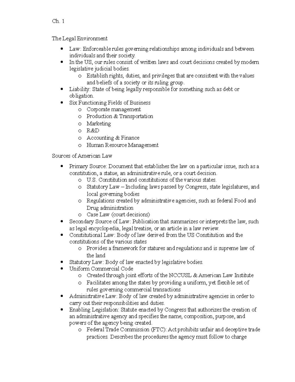 Ch. 1 - Comprehensive Study Notes on Legal Environment Principles - Studocu