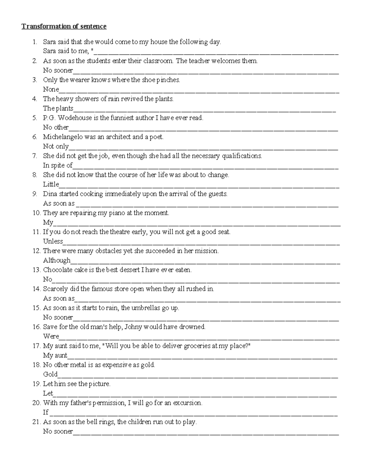 Transformation of Sentences: Examples and Analysis - Studocu