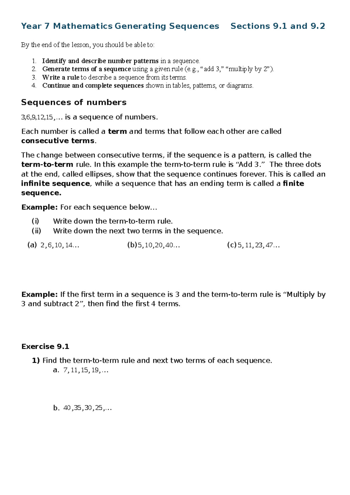 Year 7 Math: Generating Sequences (Sections 9.1 & 9.2) Notes - Studocu