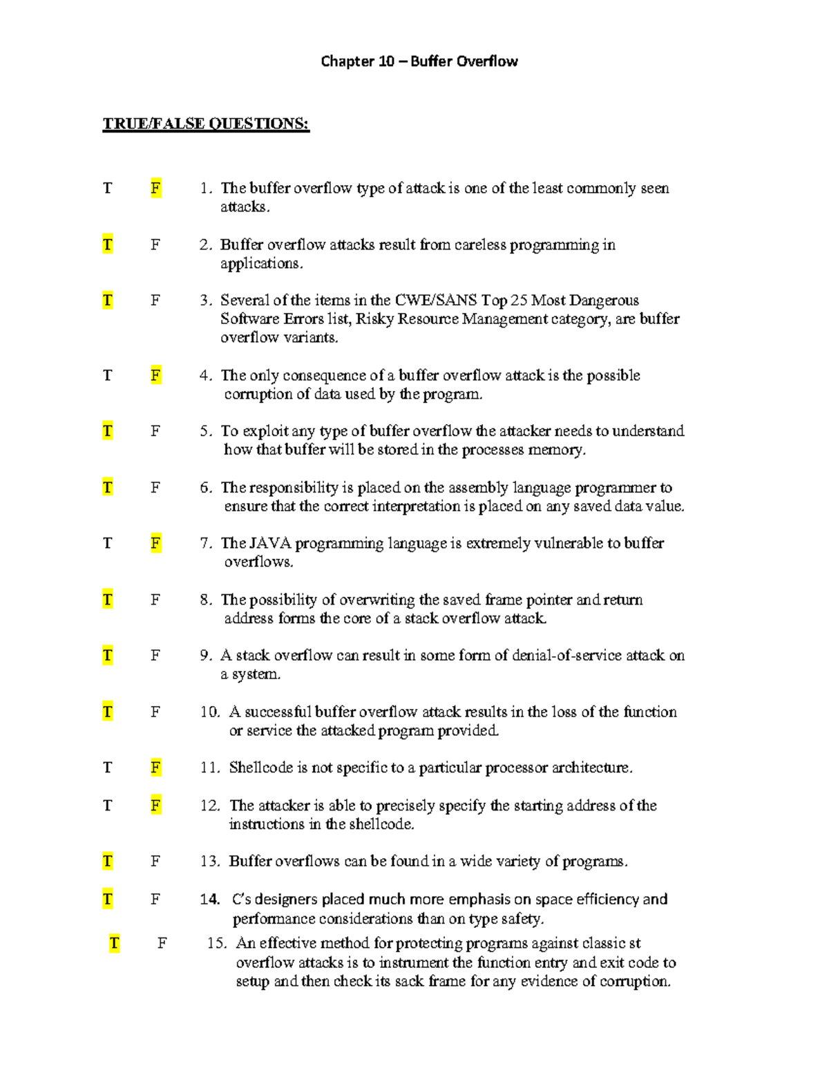 Chapter 10 Buffer Overflow: Key Concepts and Questions - Studocu