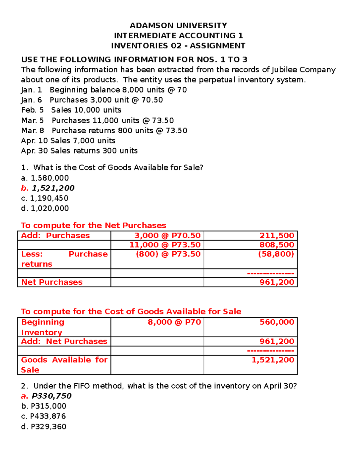 (02D) Intermediate Accounting 1 Inventory Assignment 02 Answer Key ...