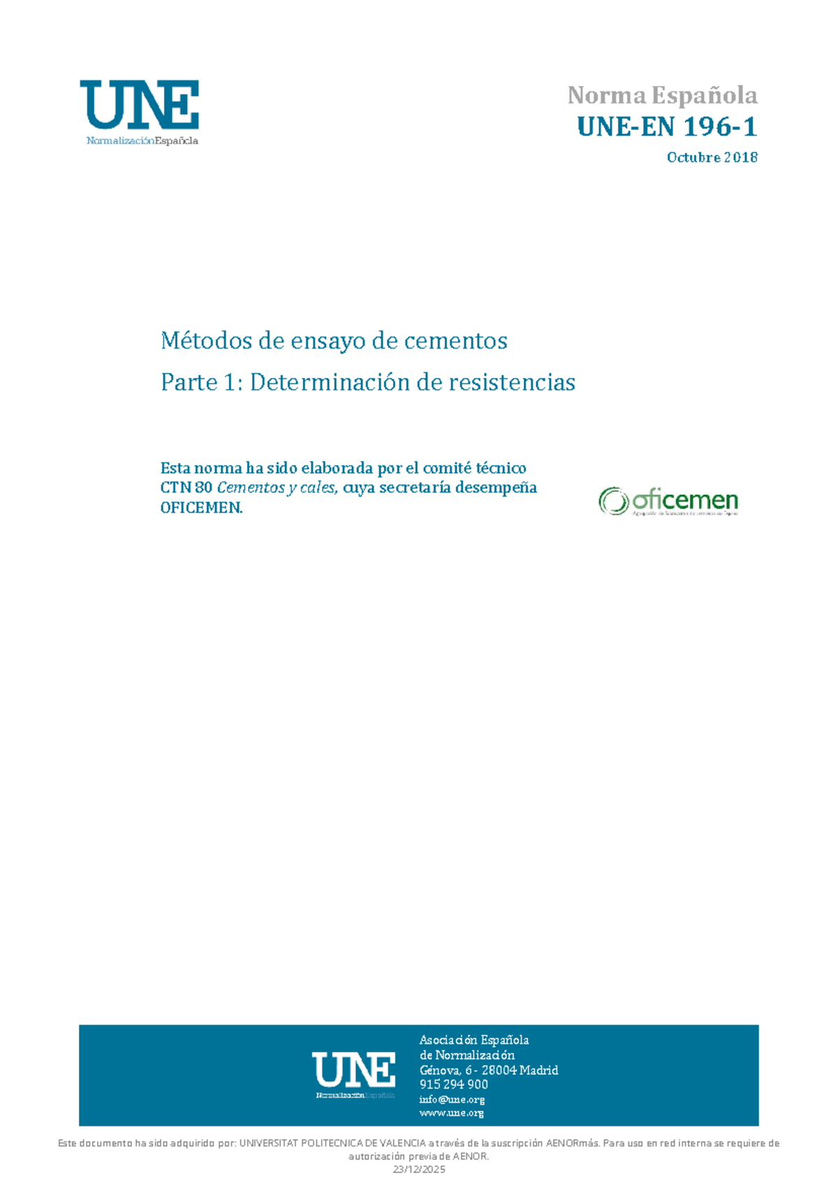 UNE-EN 196-1:2018 - Métodos de Ensayo de Cementos - Parte 1 - Document Preview