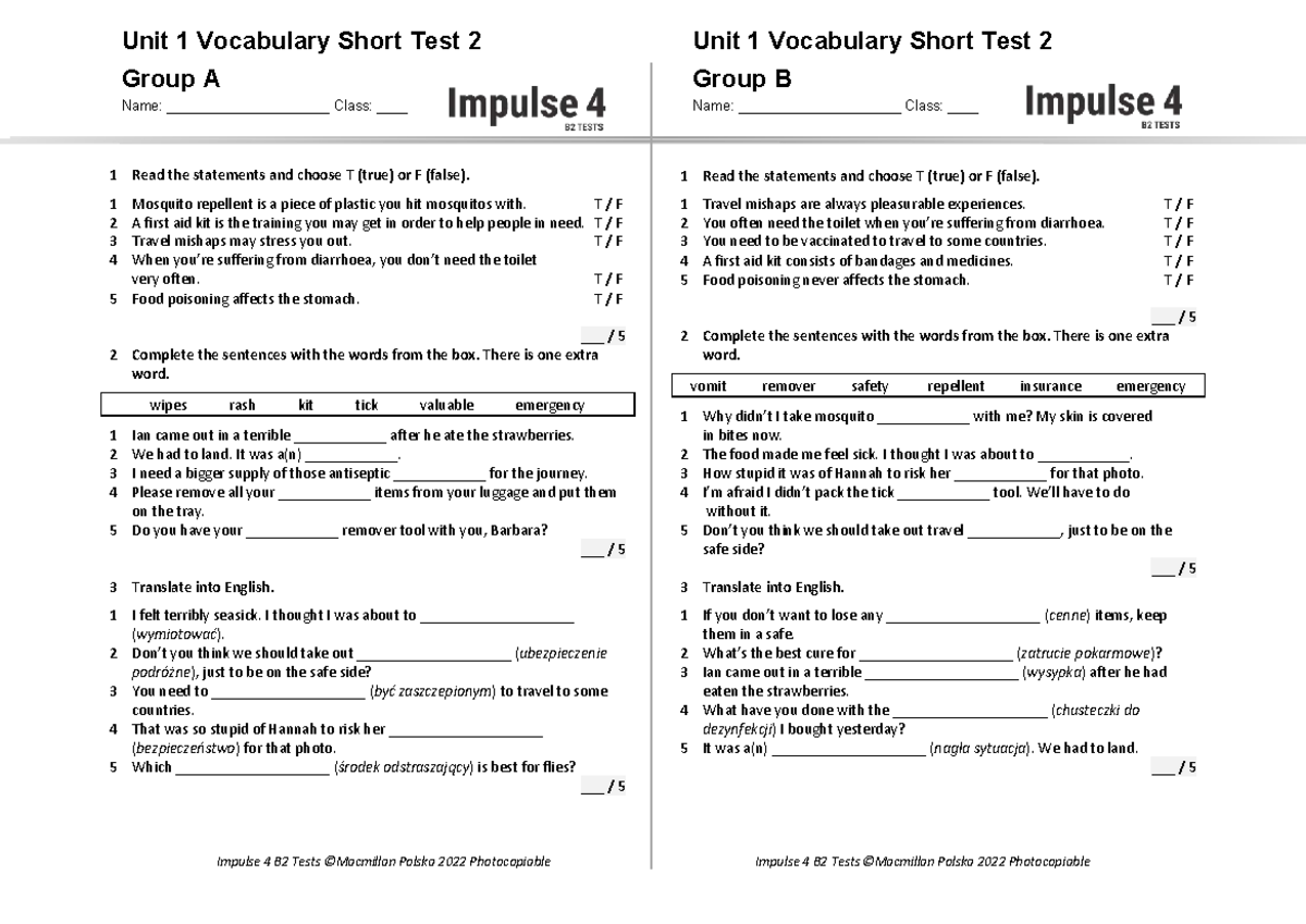 Unit 1 Vocabulary Short Test 2: Groups A & B - Studocu
