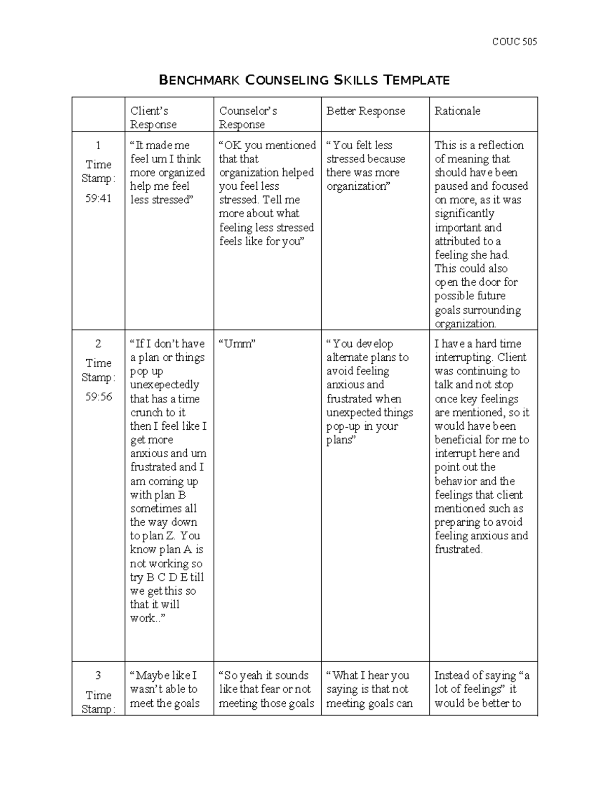 Villasana Cnslng Skills Benchmark Corrections and Reflections - Studocu