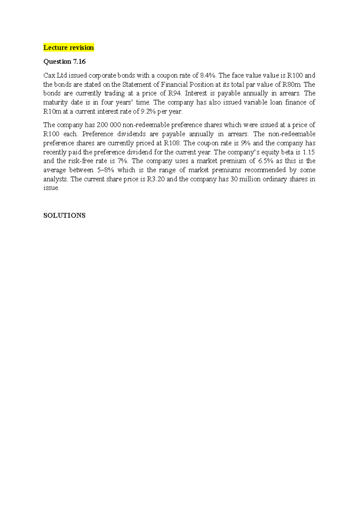 WACC Revision Questions for Finance 101: Lecture Notes - Studocu