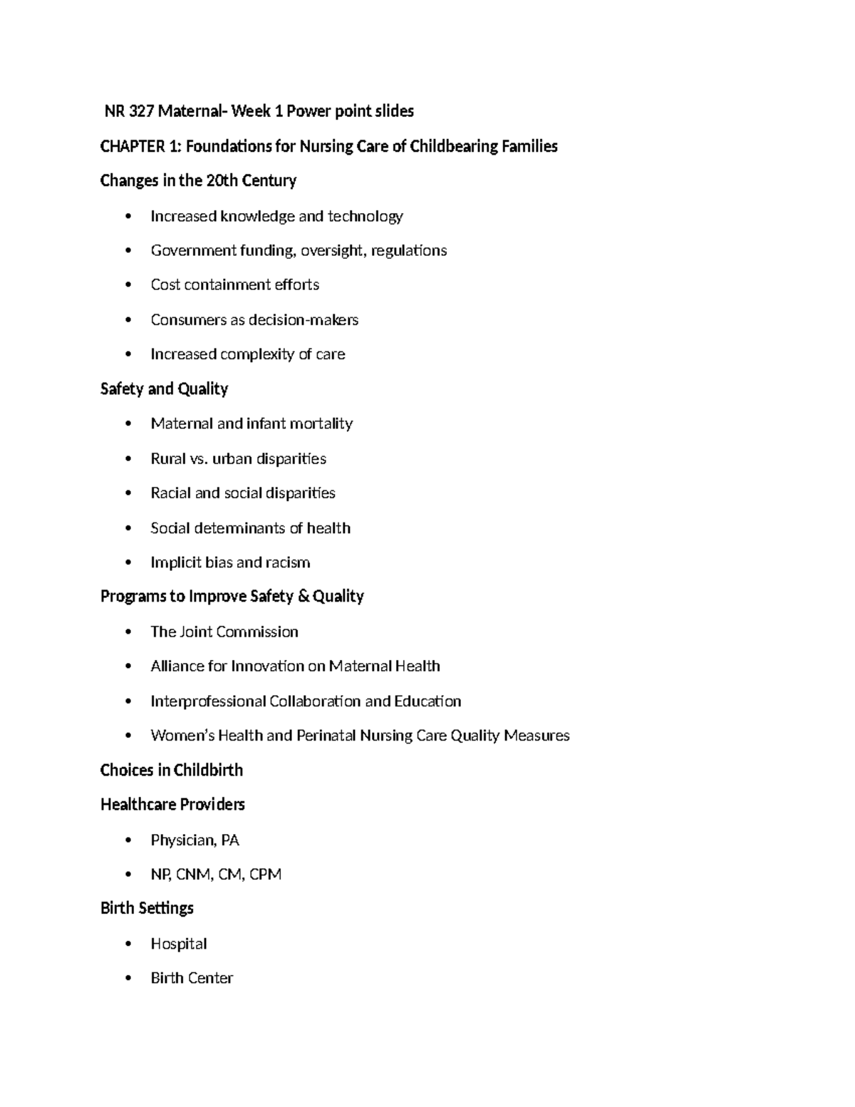 NR 327 Maternal Nursing Week 1 PowerPoint Study Guide - Studocu