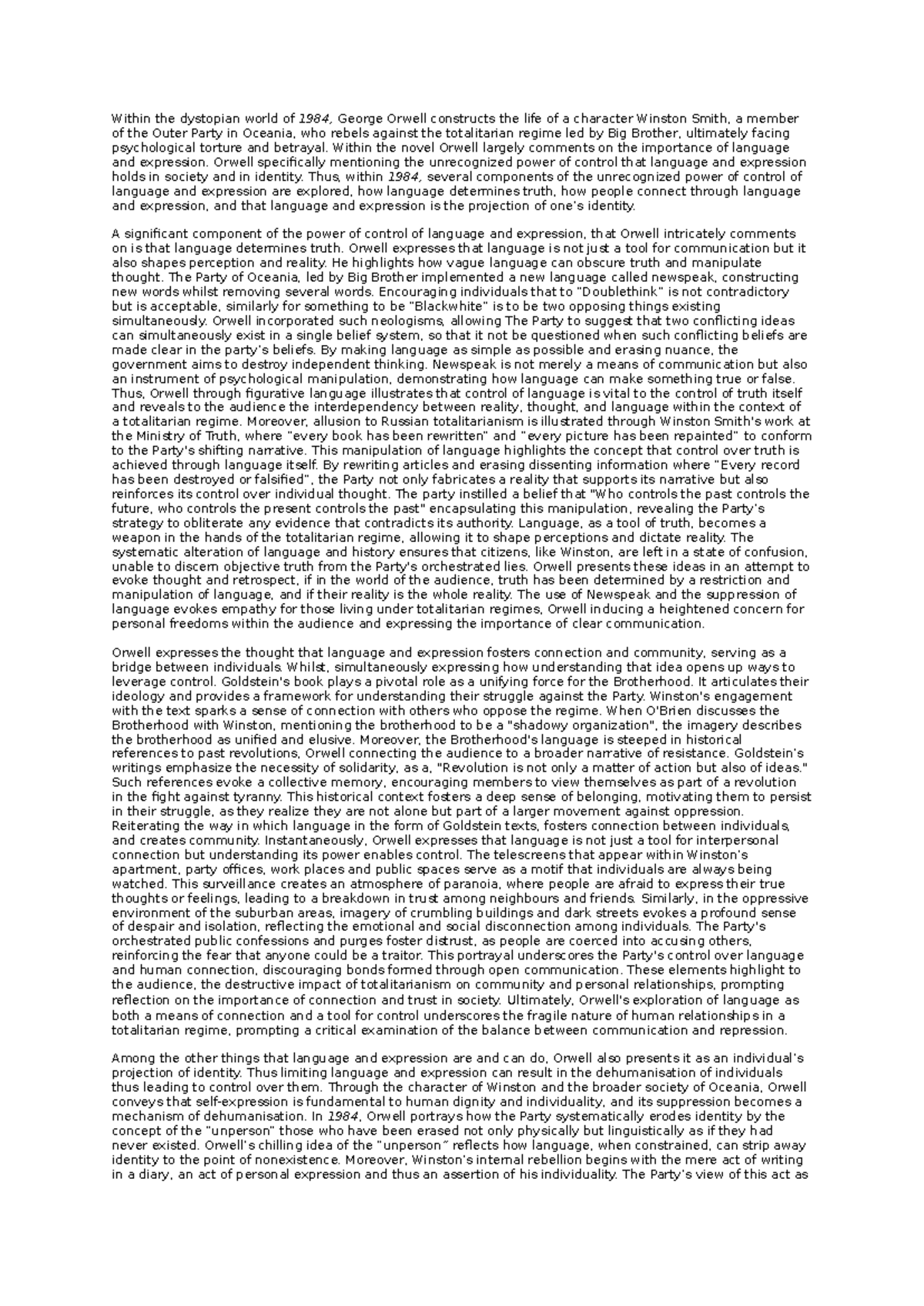 1984 - A Grade Essay on Language, Control, and Identity - Studocu