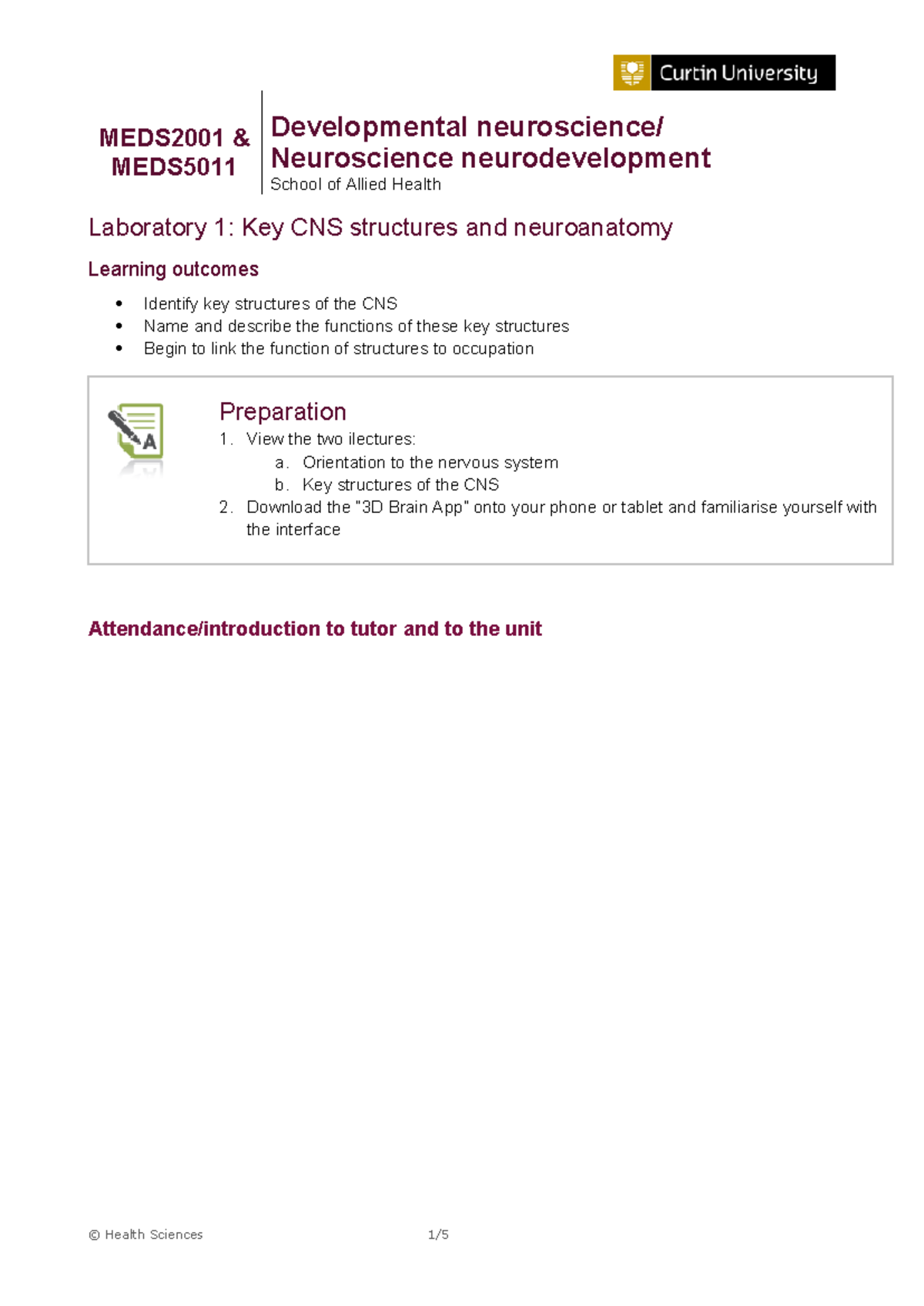 MEDS2001 Lab 1: CNS Structures & Neuroanatomy Overview - Studocu