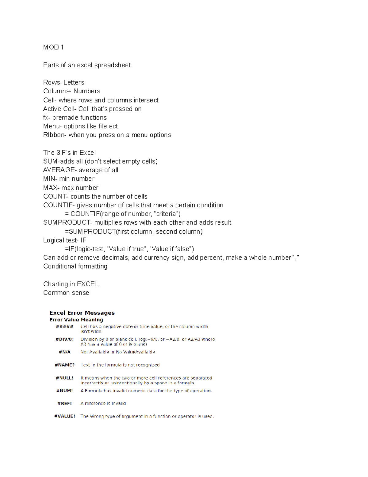 MOD 1-5 Excel Notes: Functions, Formulas, and Financial Concepts - Studocu