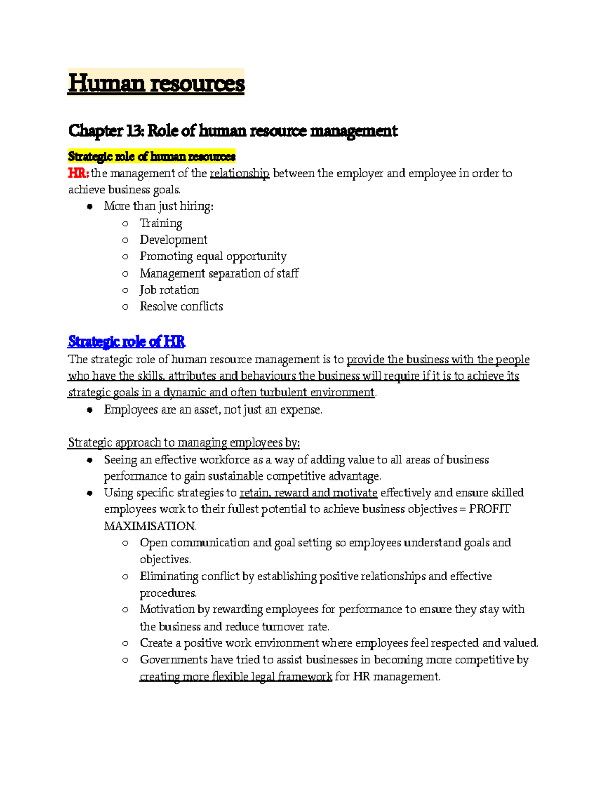 Business Studies HR Notes: Chapter 13 & 14 Overview - Studocu