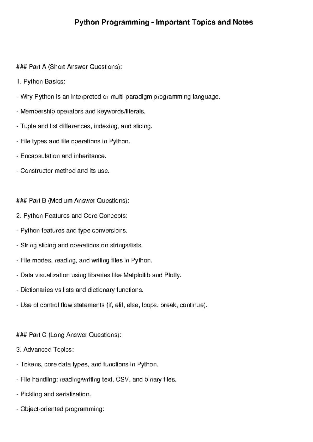Python Important Topics Overview - Key Concepts & Notes - Studocu