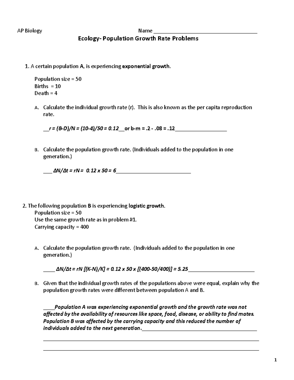 AP Biology: Population Growth Rate Problems and Solutions - Studocu