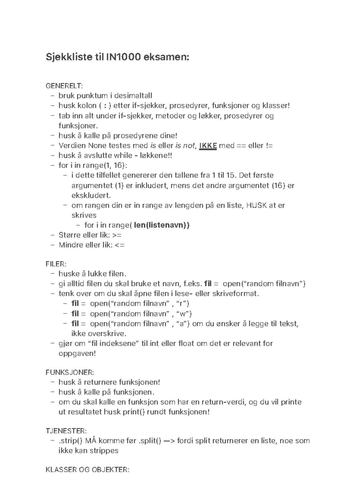 Sjekkliste for IN1000 Final Exam: Viktige Programmeringspunkter - Studocu