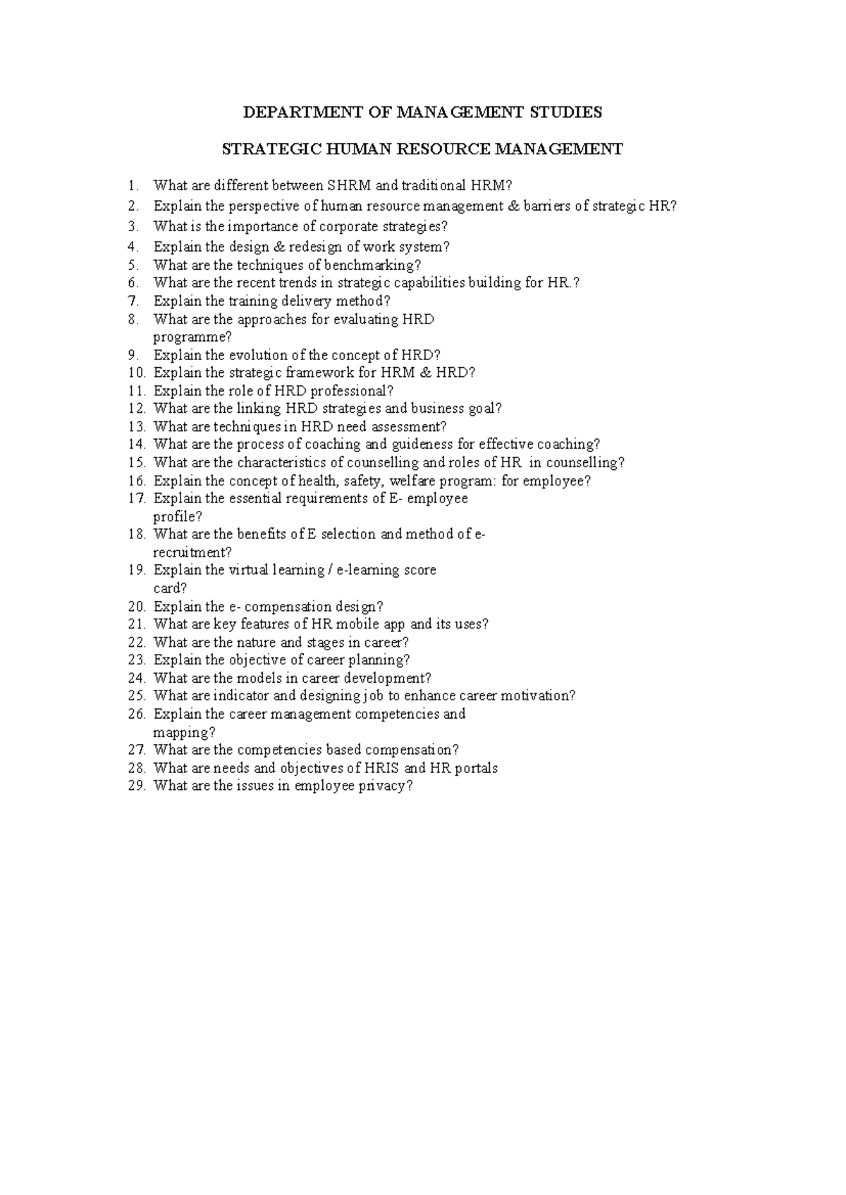 SHRM Important Question - DEPARTMENT OF MANAGEMENT STUDIES STRATEGIC ...