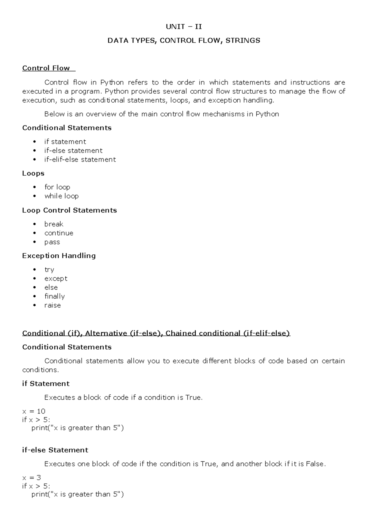 Unit 2: Data Types, Control Flow & Strings in Python Programming - Studocu
