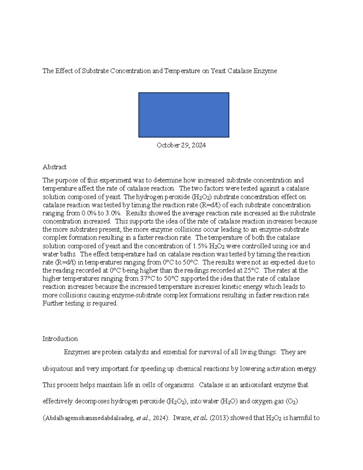 BIOL 101L: Effect of Substrate Concentration & Temp on Yeast Catalase ...
