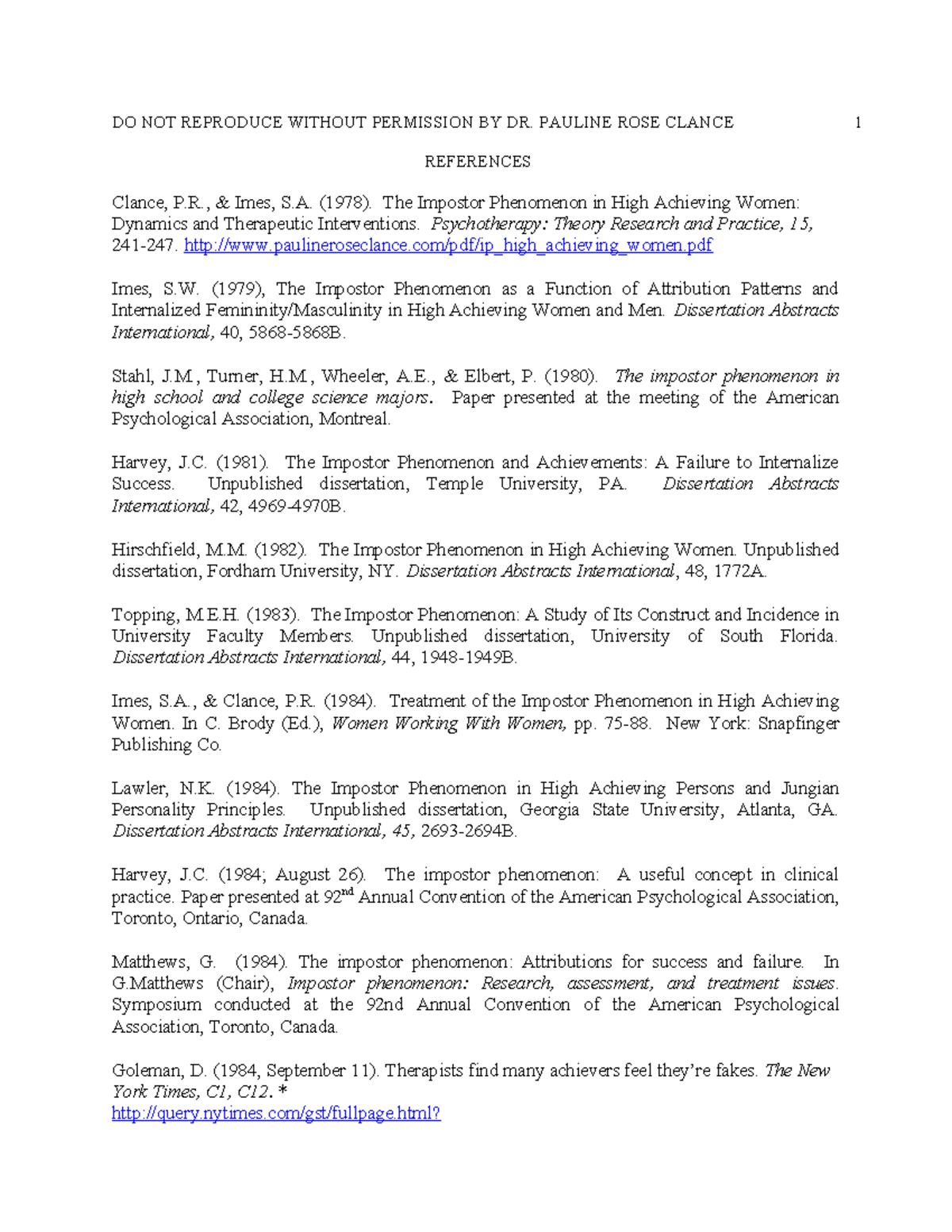 IP Reference List: Recent Studies on the Impostor Phenomenon (8/2/13 ...