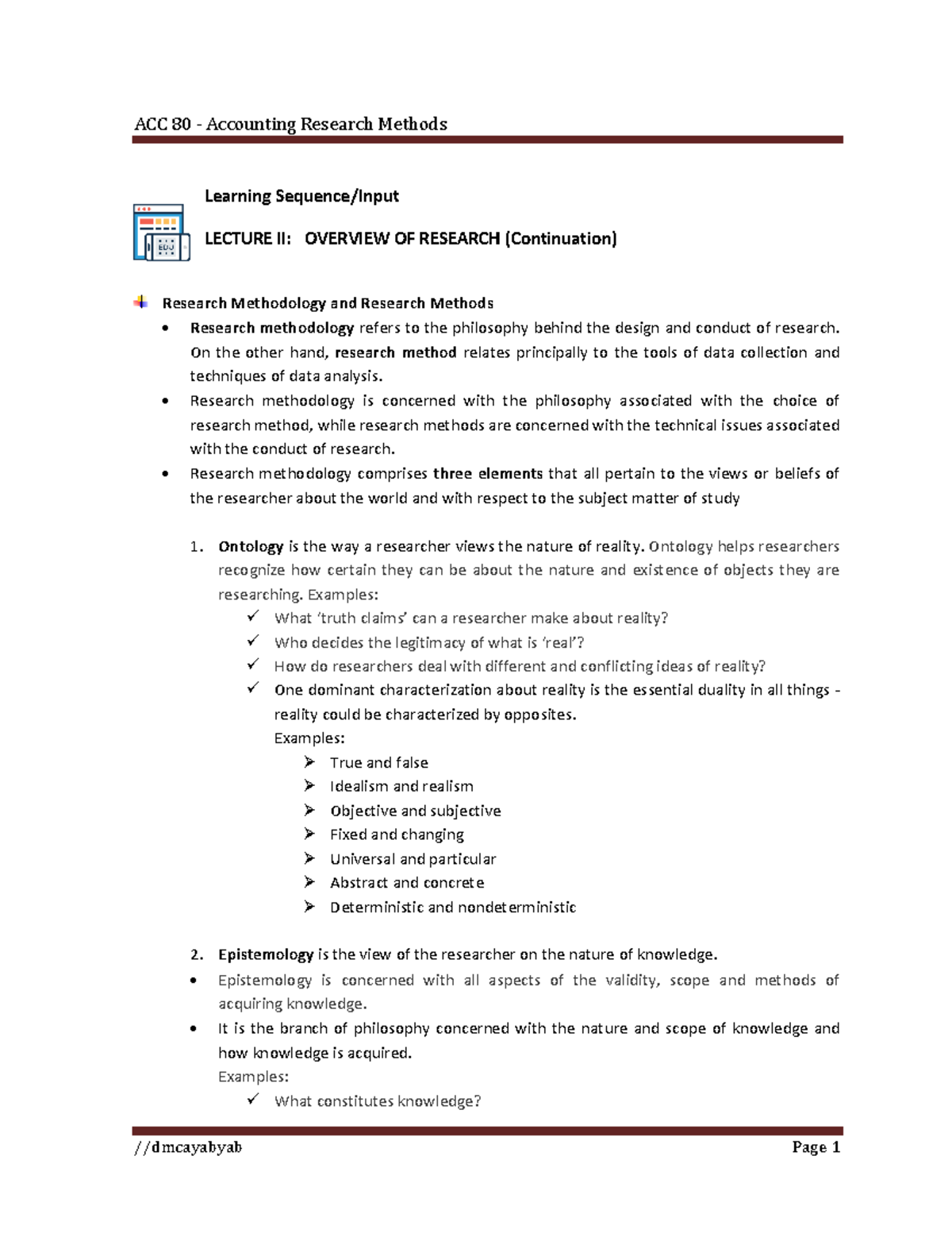 ACC 80 Lecture II: Research Methodology & Methods Overview - Studocu