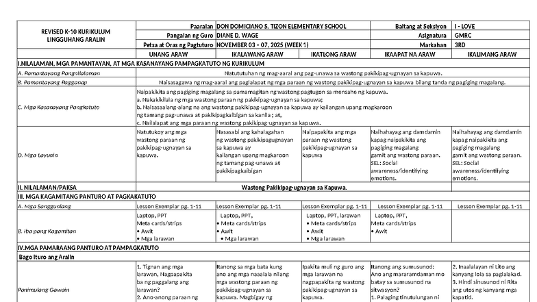 DONE-GMRC-Q3 Week 1 Lesson Plan on Proper Interaction with Others - Studocu