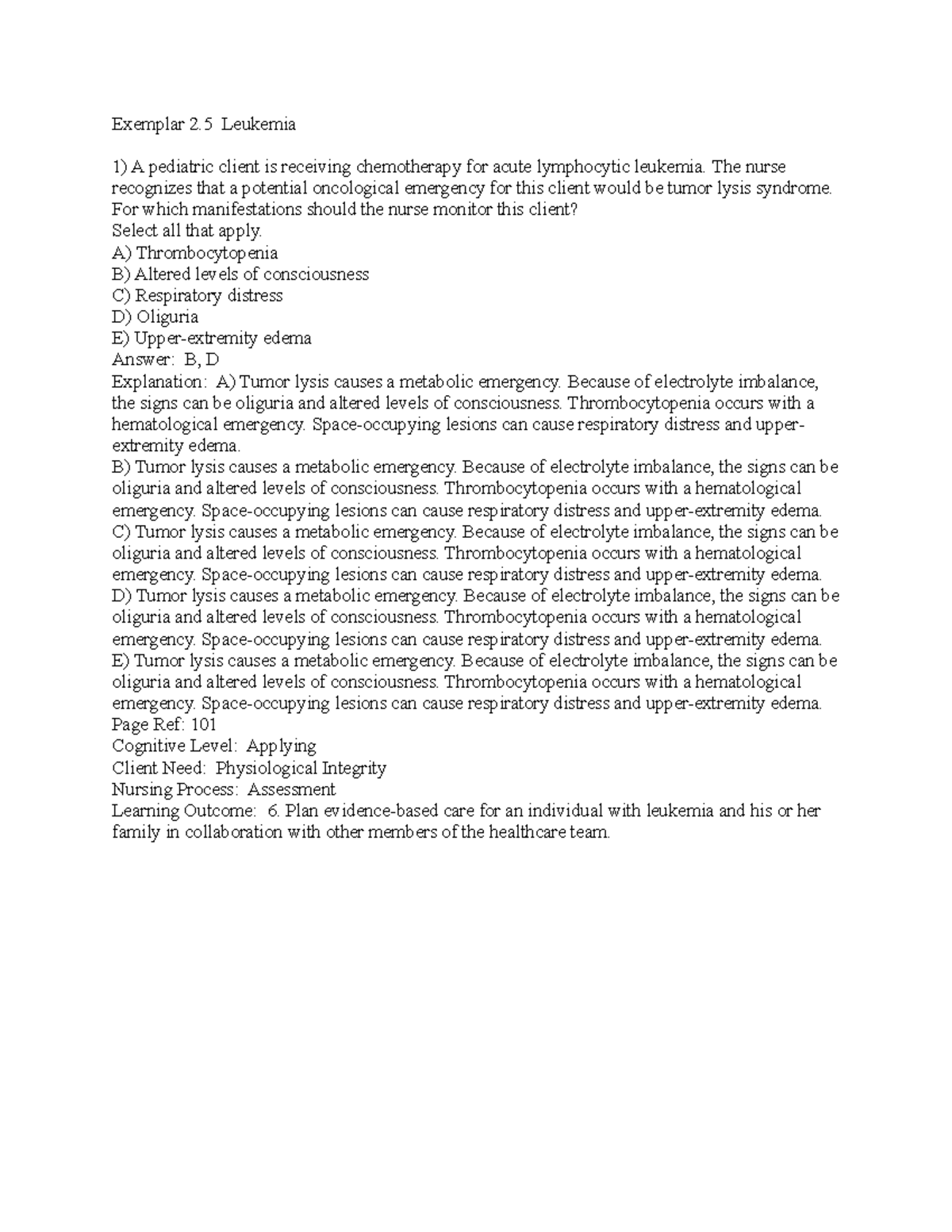 Leukemia QA - notes - Exemplar 2 Leukemia A pediatric client is ...