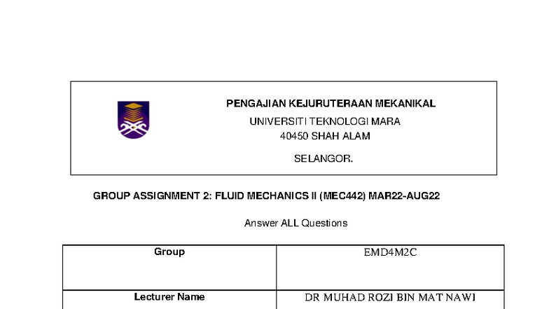 MEC442 Group Assignment 2: Fluid Mechanics II Analysis and Evaluation ...
