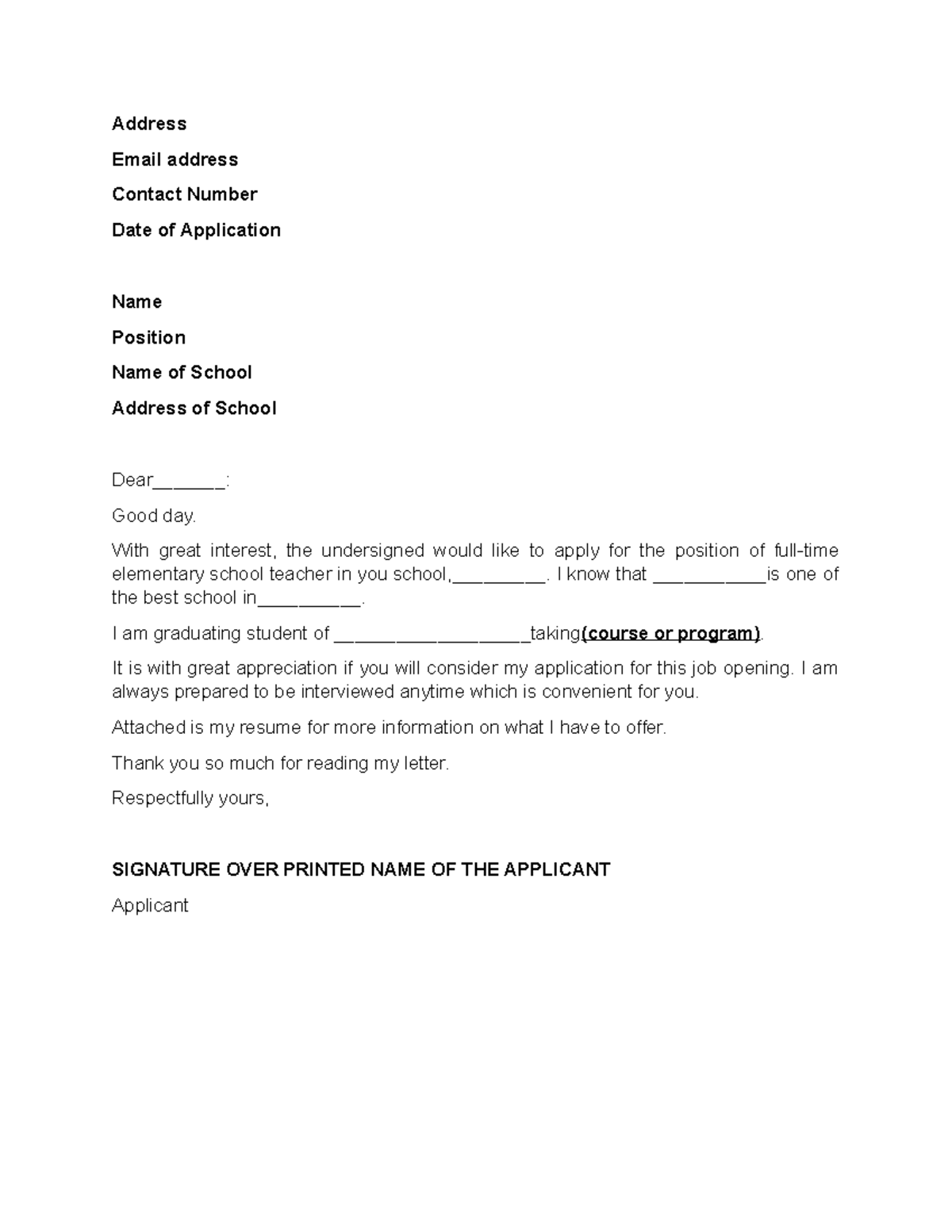 Application Letter Sample for Teacher Position - Studocu