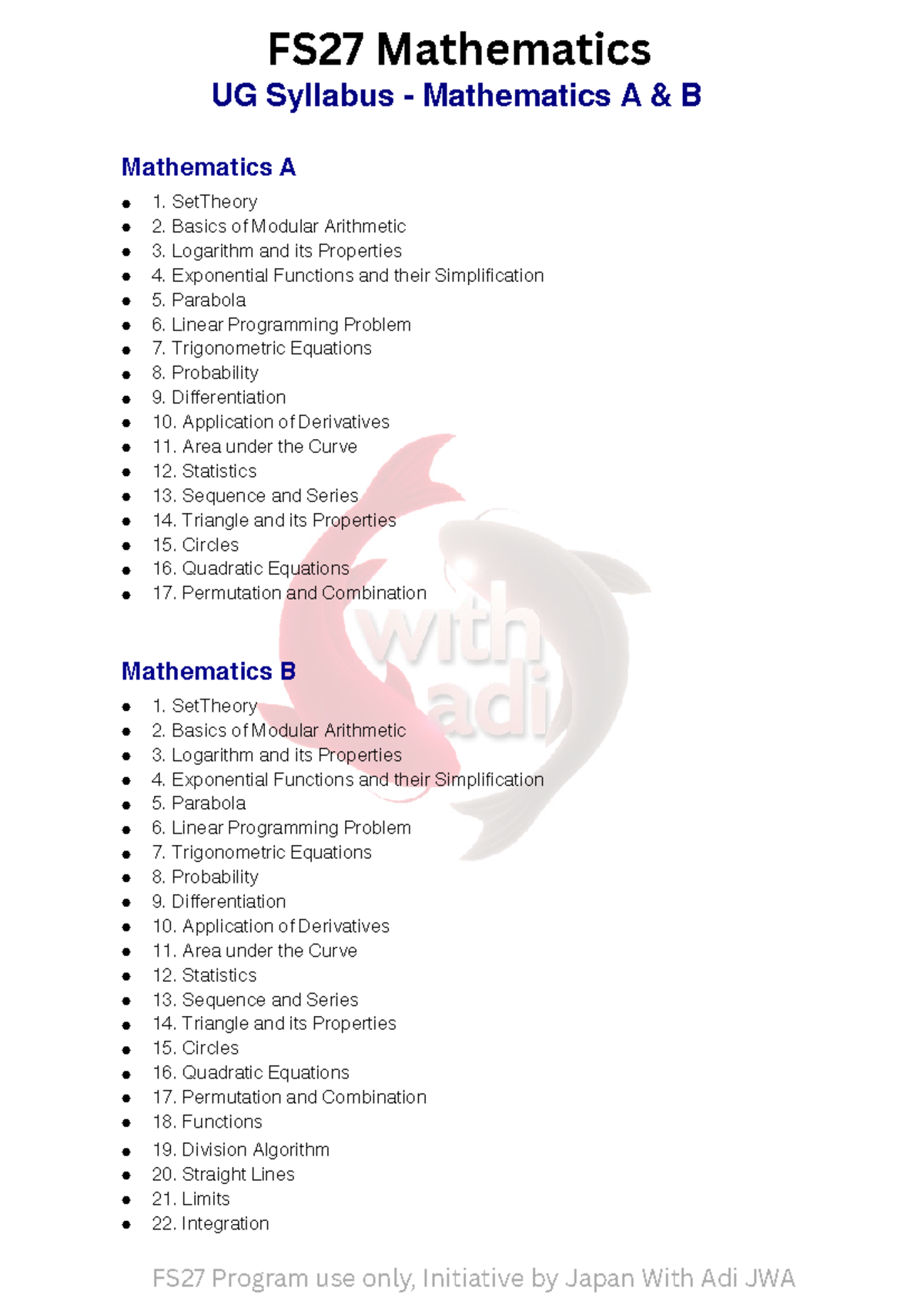 FS27 Mathematics UG Syllabus: Topics A & B Overview - Studocu