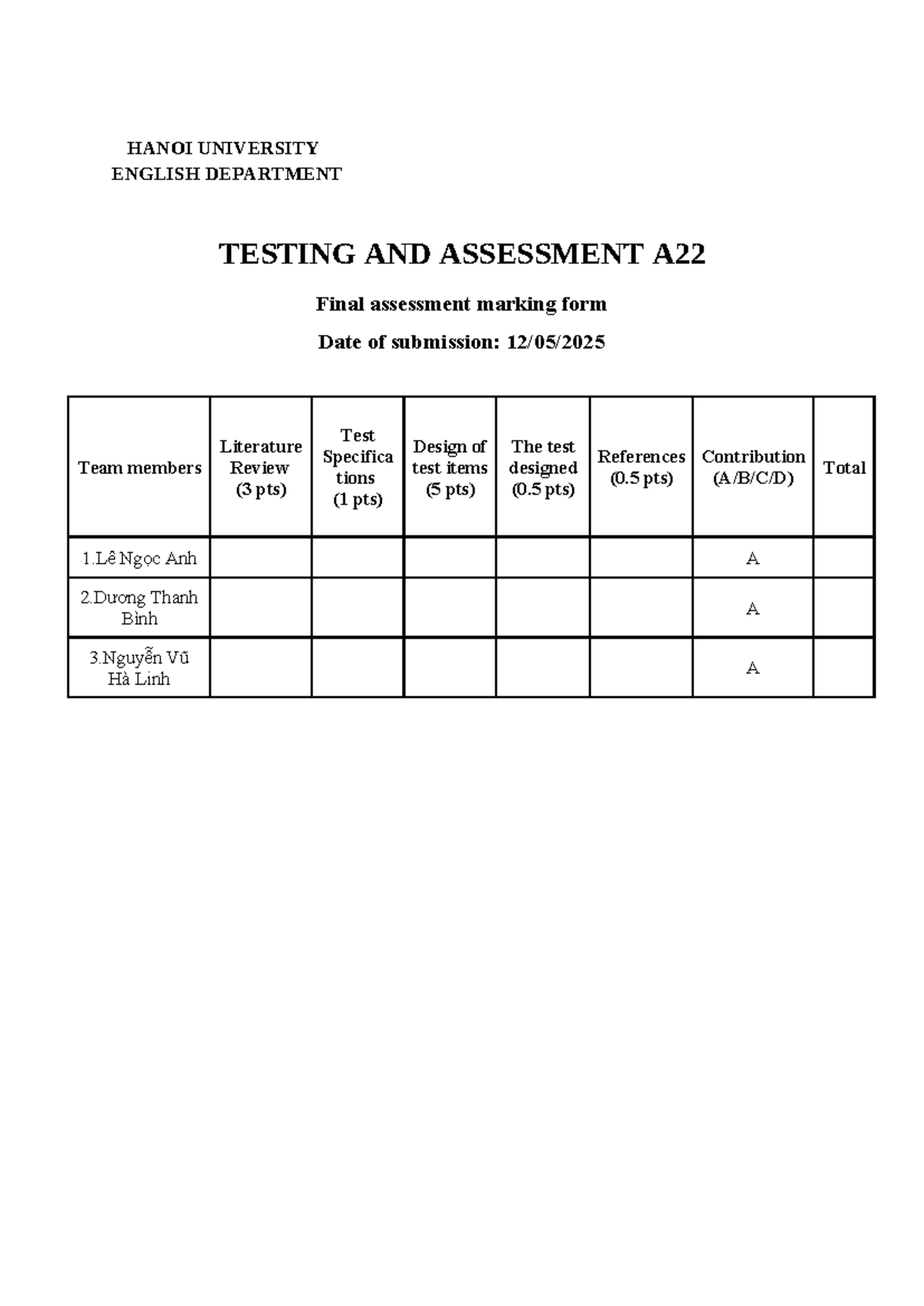 Final Language Testing and Assessment - English - HANOI UNIVERSITY ...