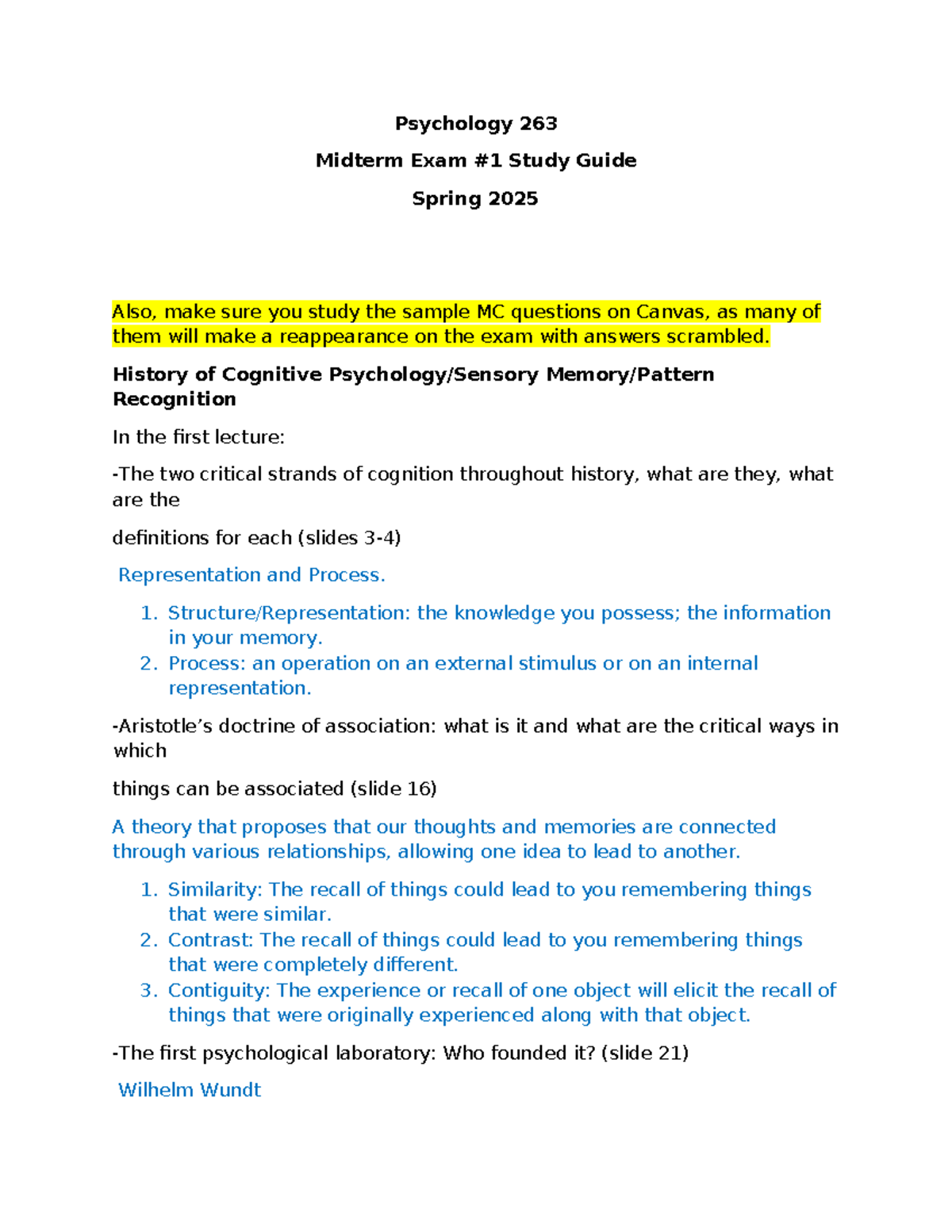 Psychology 263 Midterm Exam Study Guide - Spring 2025 - Studocu