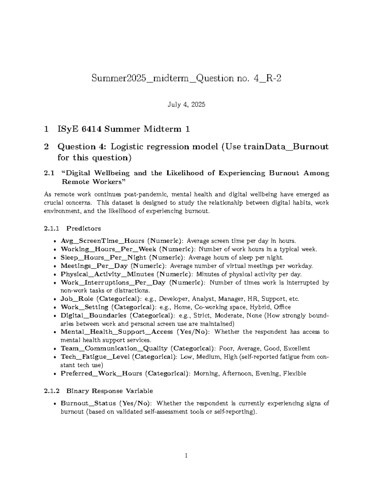 ISyE 6414 Summer 2025 Midterm Q4: Logistic Regression Analysis - Studocu