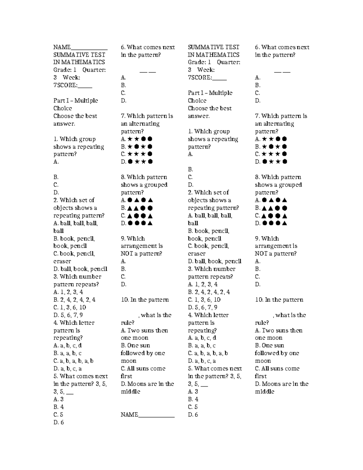 SUMMATIVE TEST IN MATHEMATICS Grade 1 Q3 W7: Patterns & Sequences - Studocu