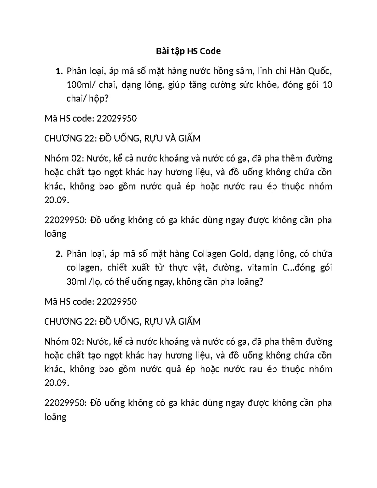 Bài Tập HS Code: Phân Loại Mặt Hàng Đồ Uống và Mỹ Phẩm - Studocu