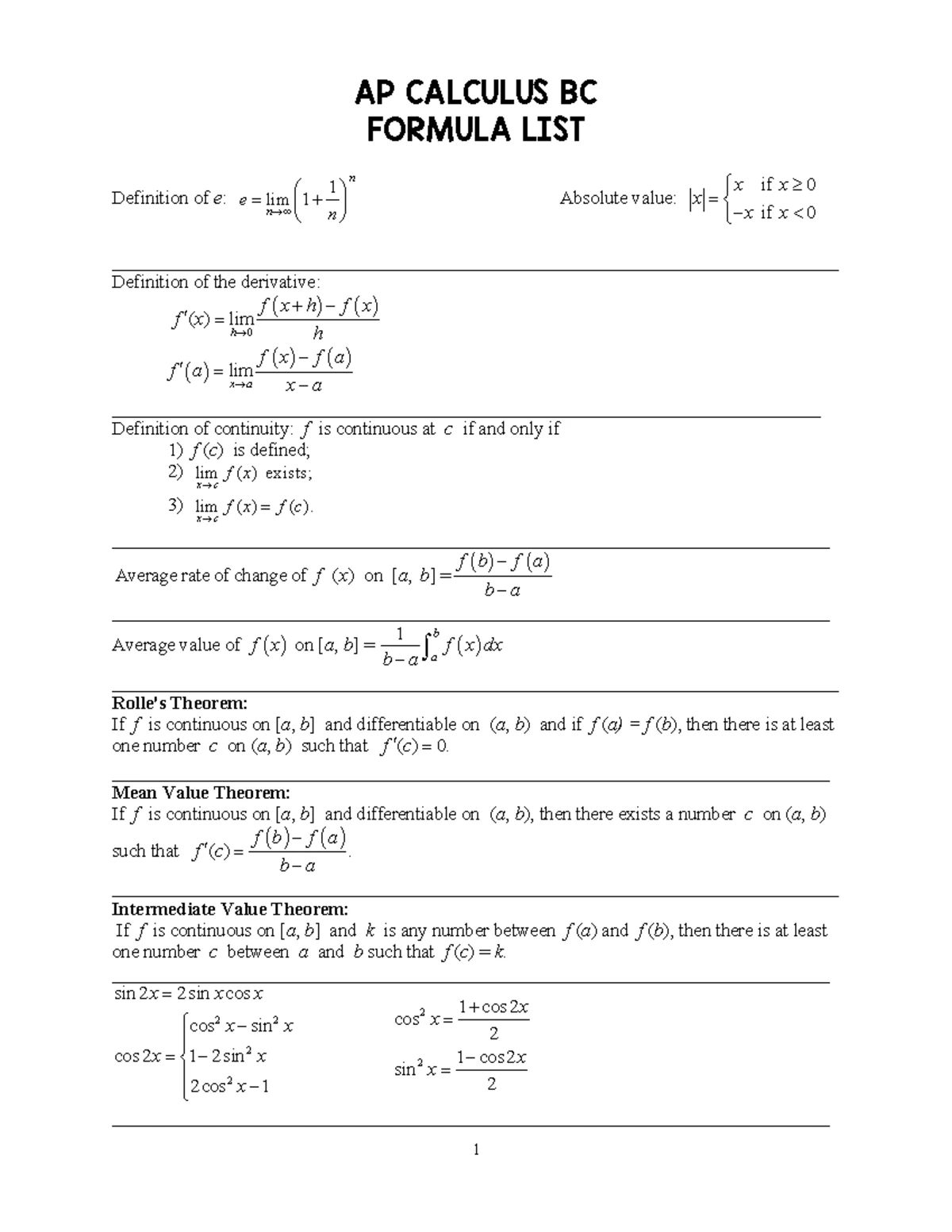 AP CALCULUS BC - Comprehensive Formula List for 2024 - Studocu