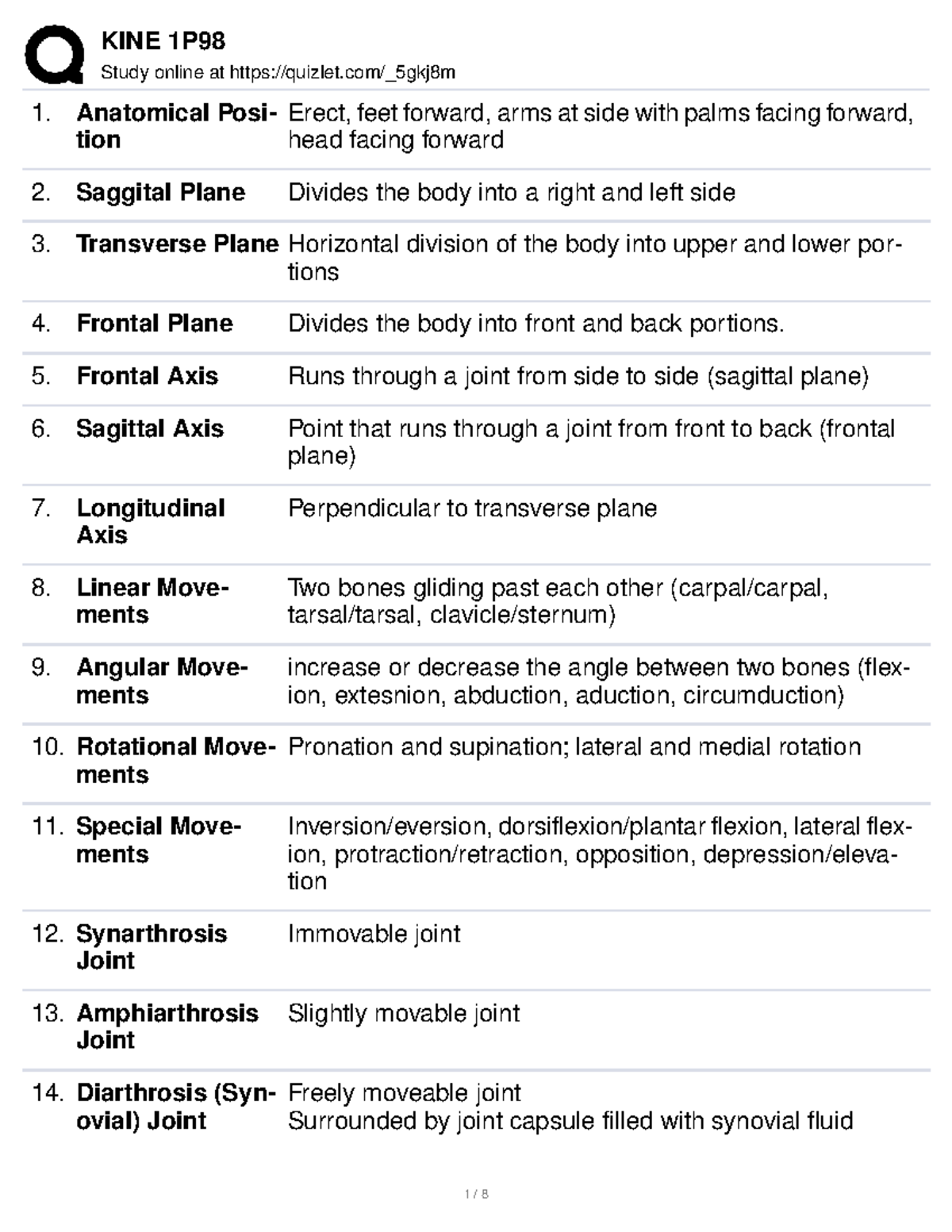 KINE 1P98 Comprehensive Study Guide on Anatomical Movements and Joints ...