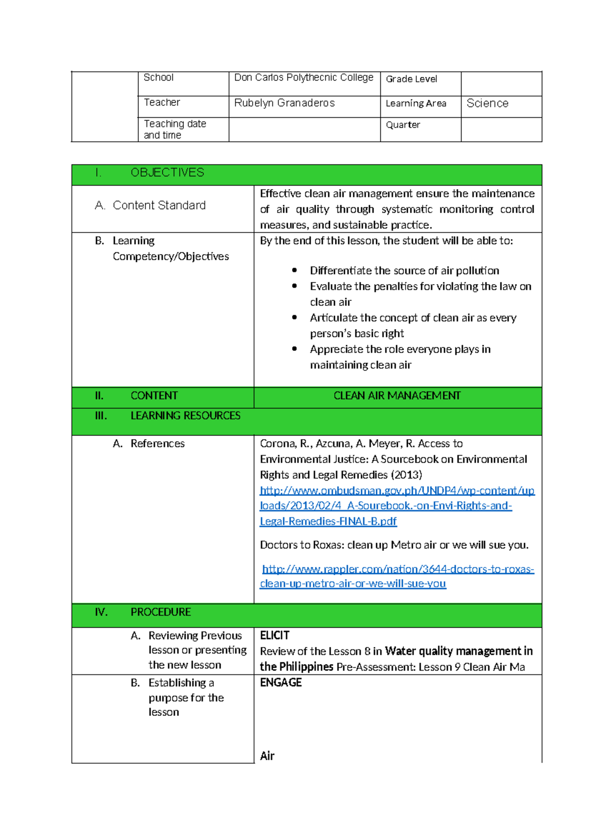 7Es Lesson Plan on Clean Air Management for Science Quarter (ENG 101 ...