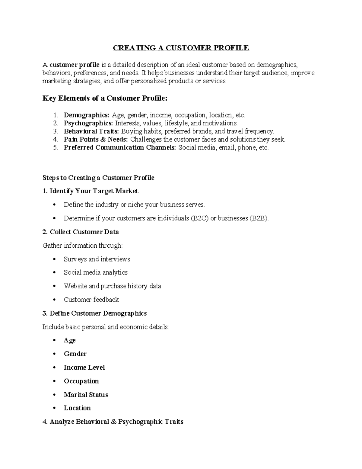 Creating A Customer Profile - CREATING A CUSTOMER PROFILE A customer ...