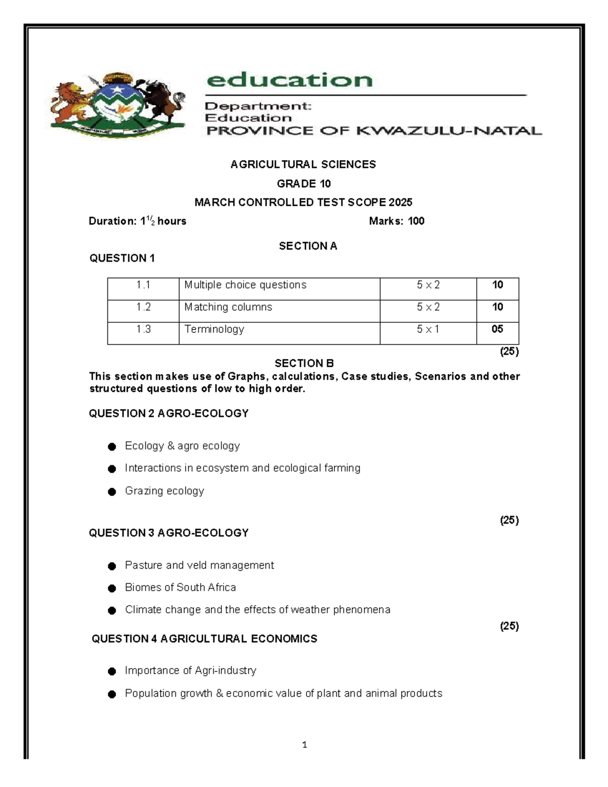 Agric P Grade 10 Exam Scope: March, June & Sept 2025 - Studocu