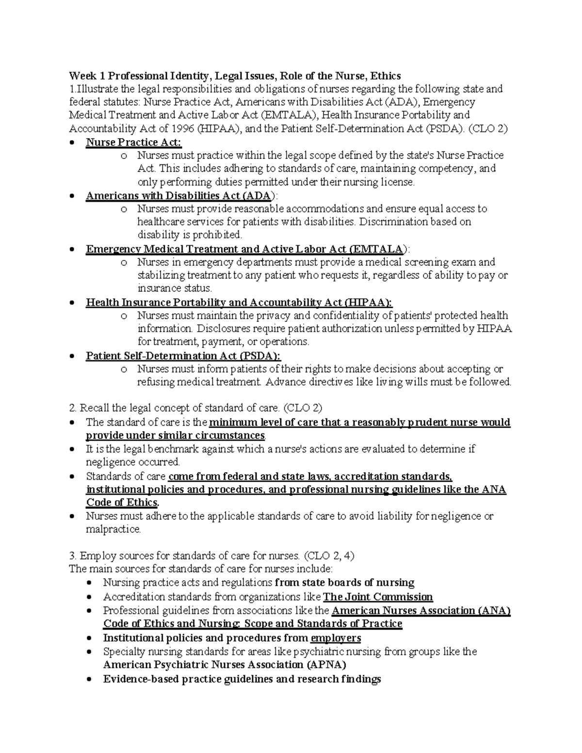 Nursing 1010 Learning Objectives Week 1-8 Fundamentals - Week 1 ...