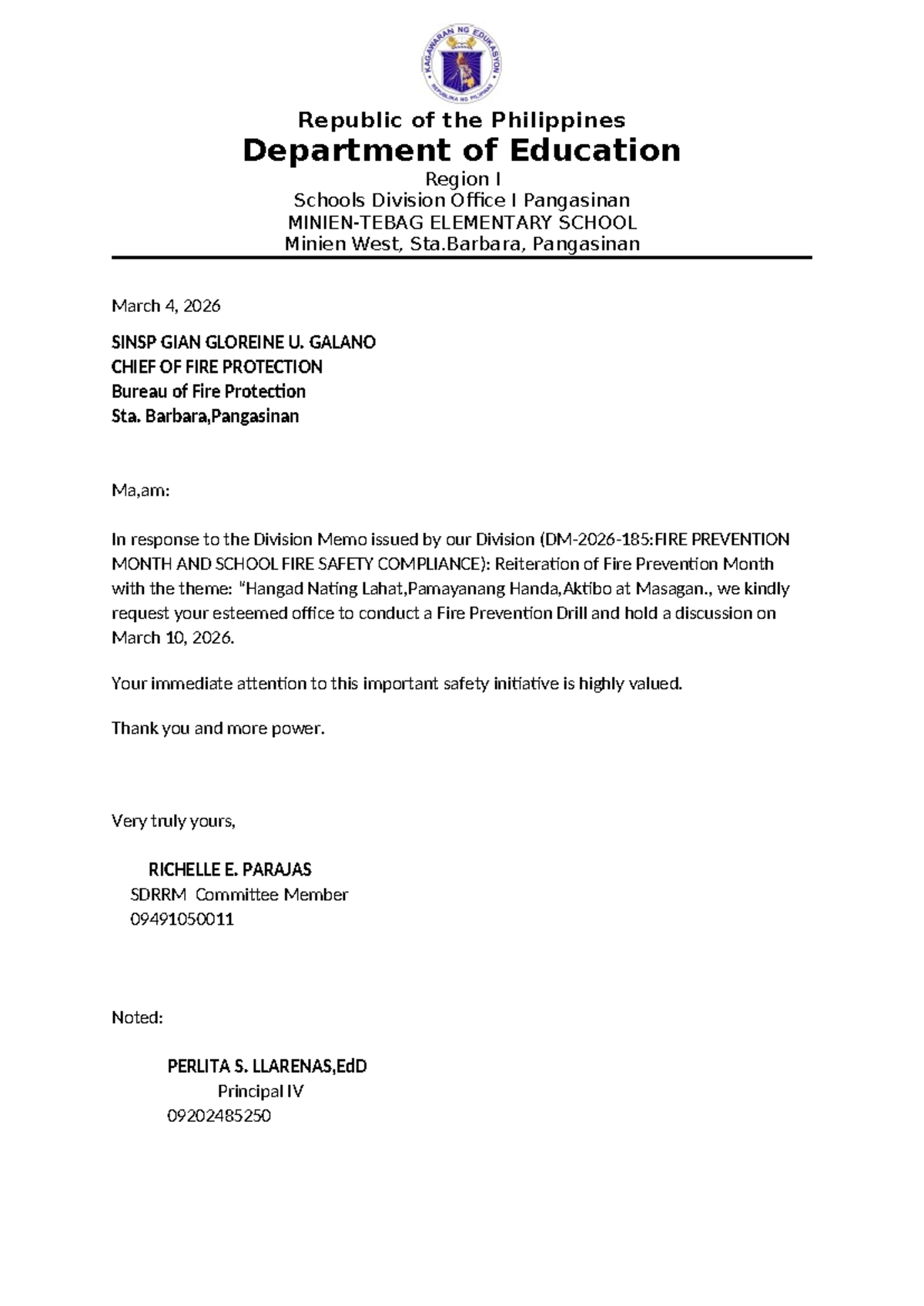 BFP Request Letter for Fire Prevention Drill - March 2026 - Studocu