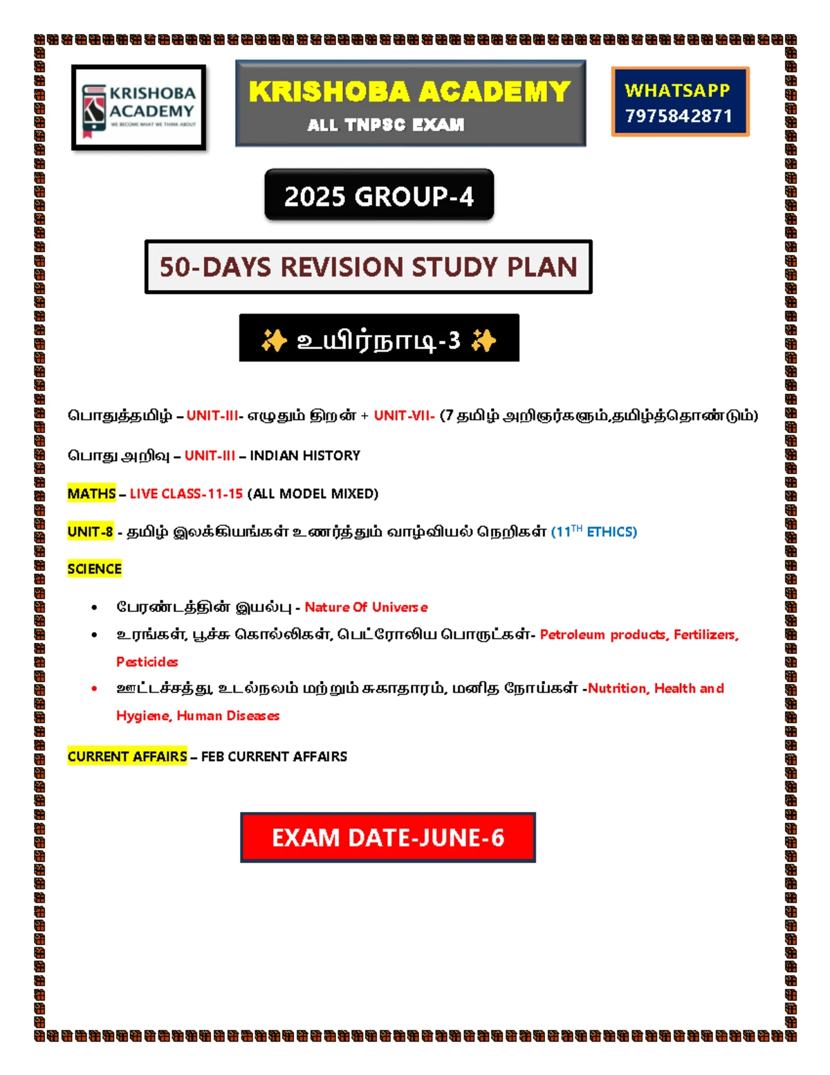 KRISHOBA ACADEMY TNPSC EXAM 2025 DAY WISE REVISION PLAN - Studocu