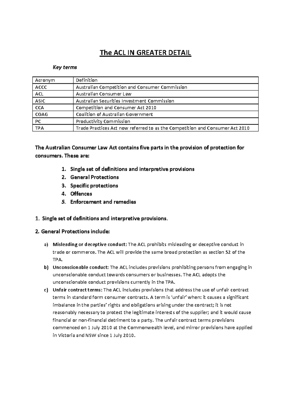 ACL 101: Comprehensive Overview of the Australian Consumer Law - Studocu