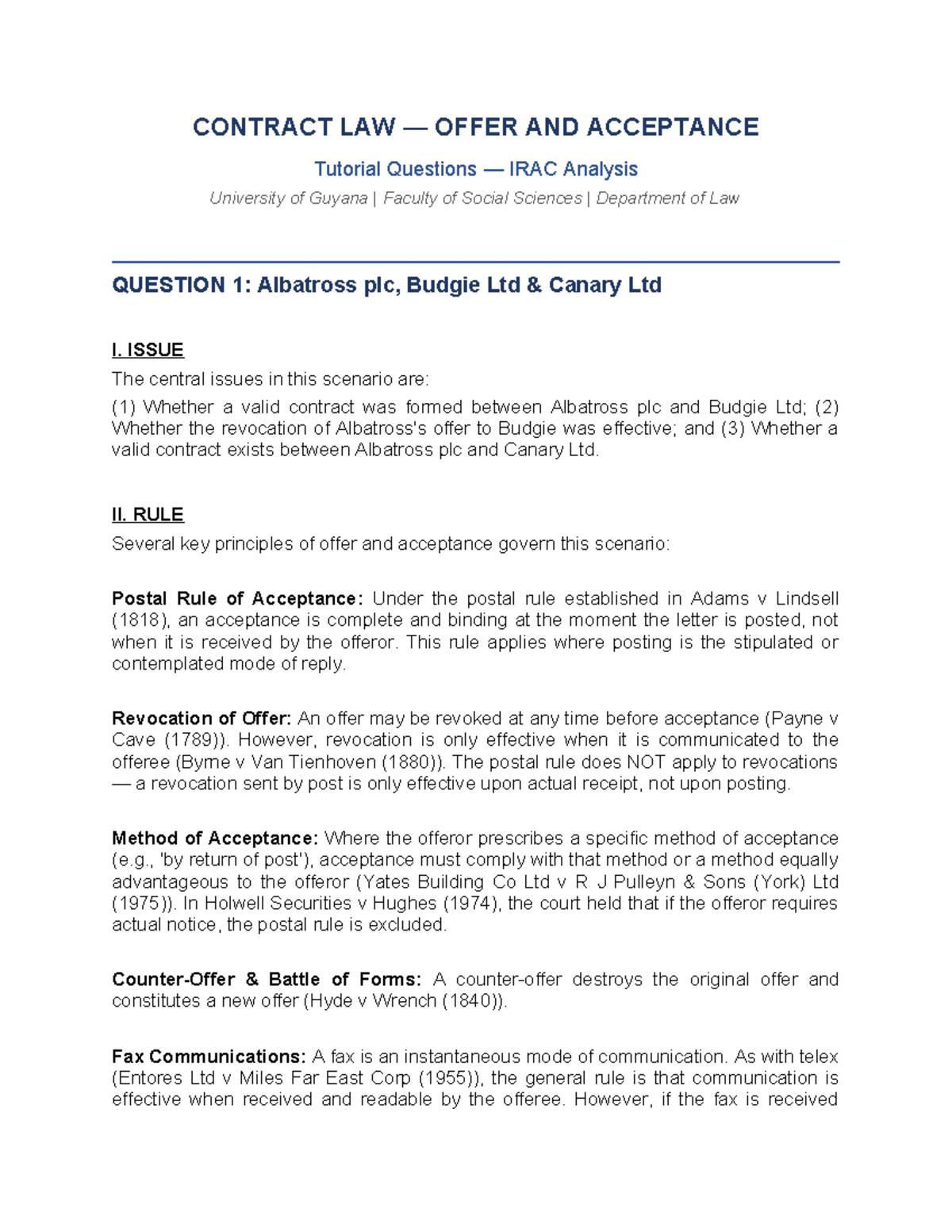 CONTRACT LAW TUT: Offer & Acceptance IRAC Analysis Notes - Studocu
