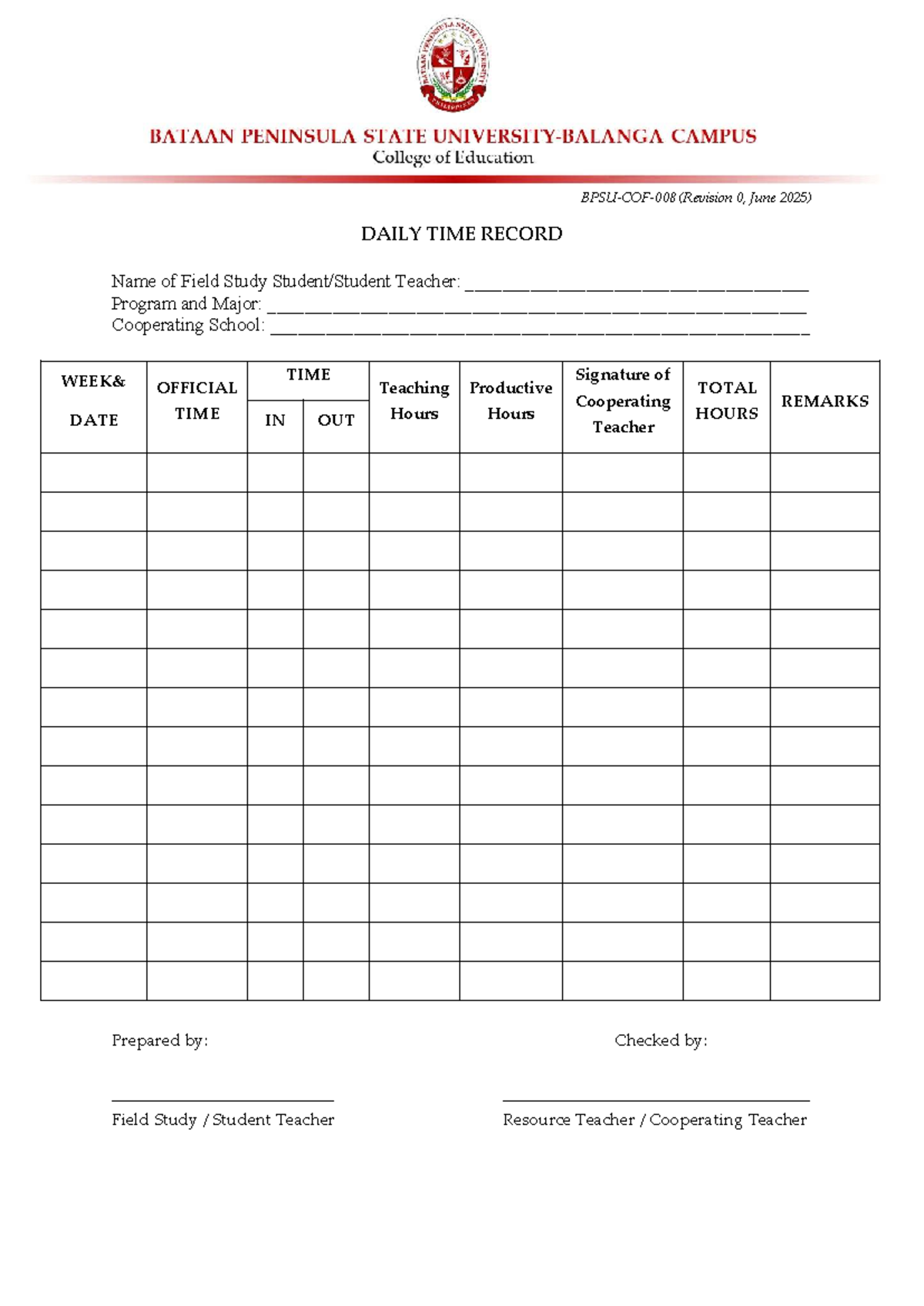 DAILY & WEEKLY TIME RECORD - ELP Form Dtrwtr (Revision 0, June 2025 ...