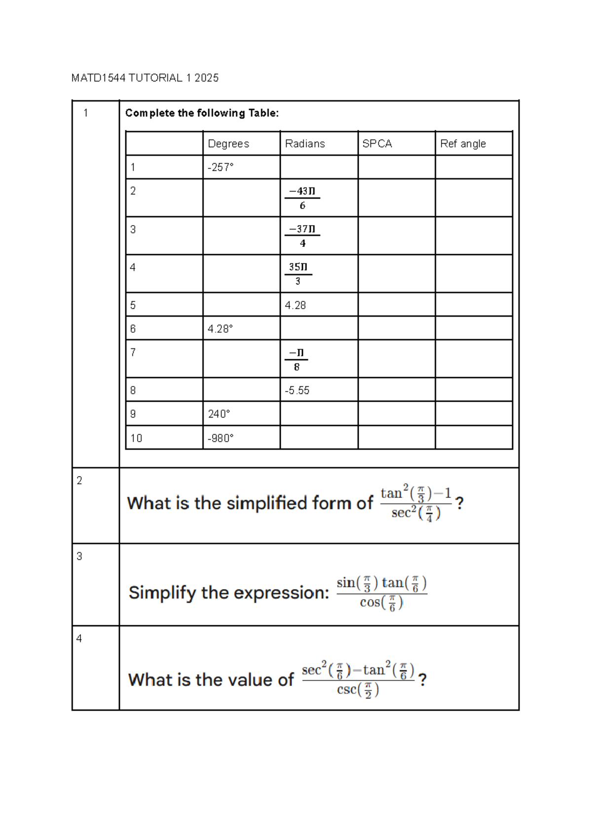 MATD1544 Tutorial 1: Degrees and Radians Table Completion - Studocu