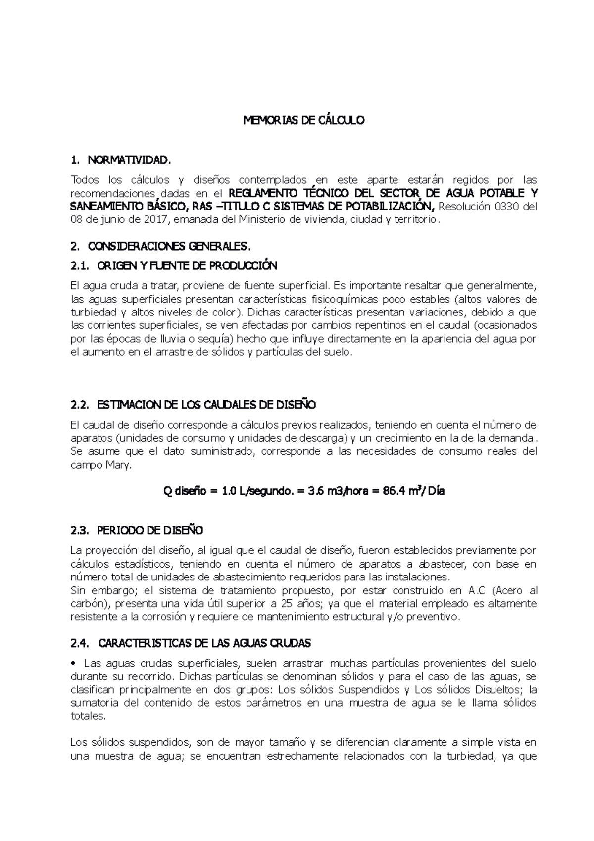Memorias de Diseño de Cálculo para PTAP - Agua Potable y Saneamiento - Document Preview