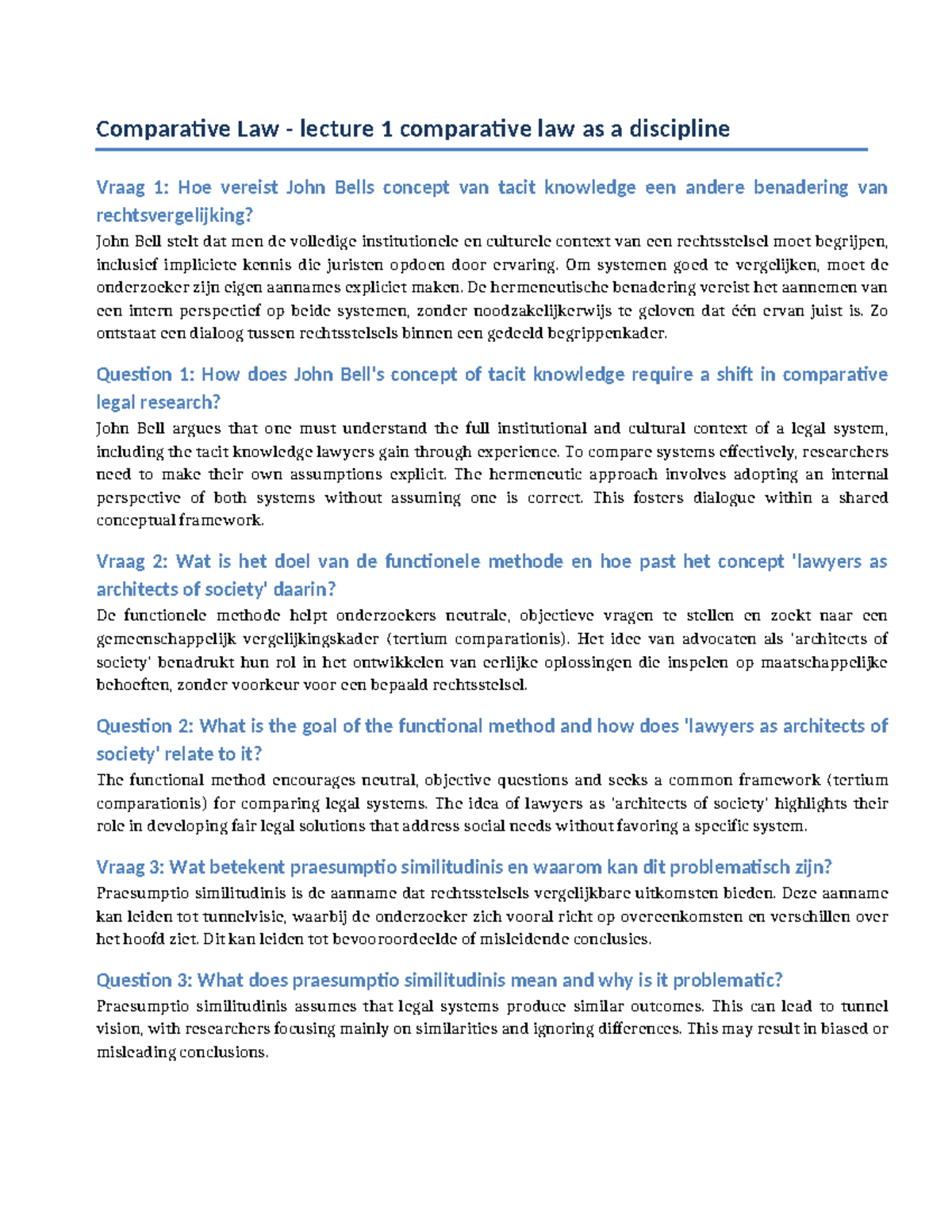 Comparative Law - Lecture Summaries and Key Questions - Studeersnel