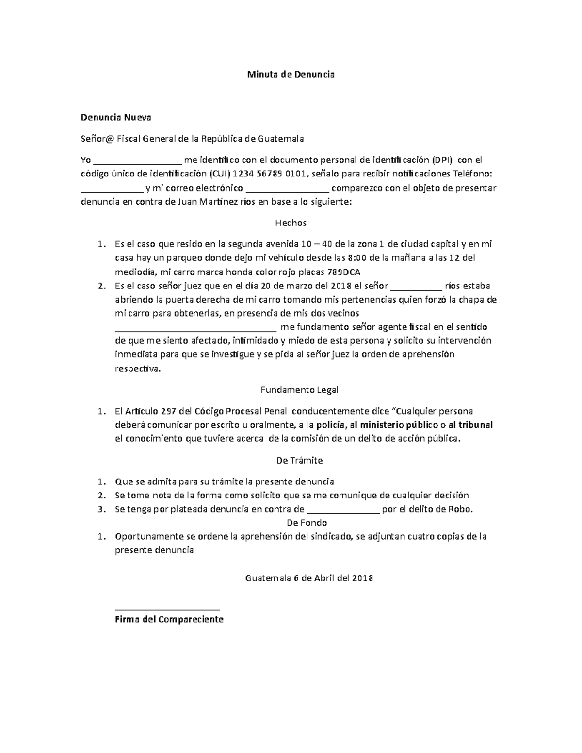 Minuta de Denuncia: Apuntes para Presentar Denuncia en Guatemala - Document Preview