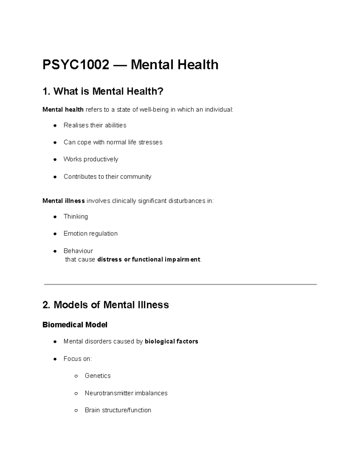 PSYC1002 Lecture Notes: Understanding Mental Health and Disorders - Studocu