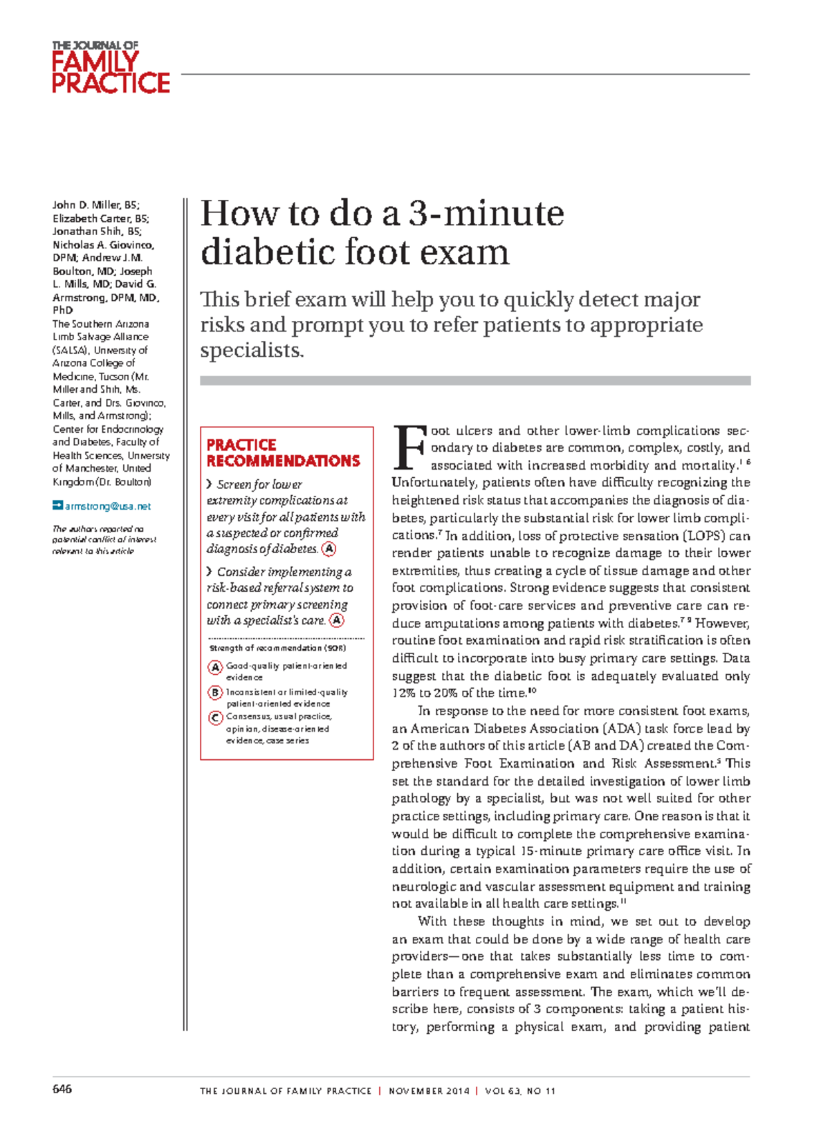 HOW TO DO A Diabetic FOOT Examination - 646 The Journal of family Prac ...