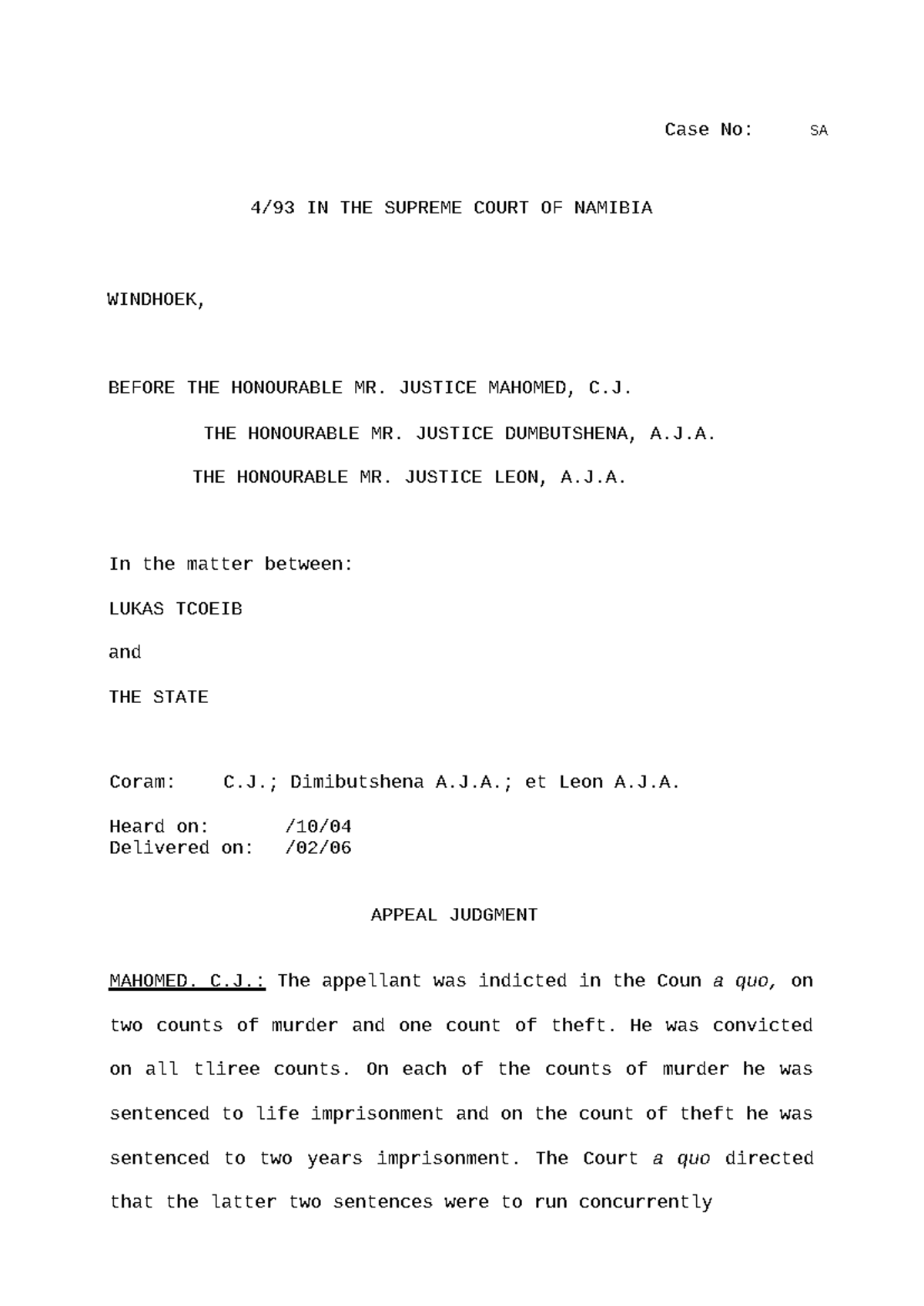 Case Study: S v Tcoeib (SA 4 of 1993) - Supreme Court of Namibia ...